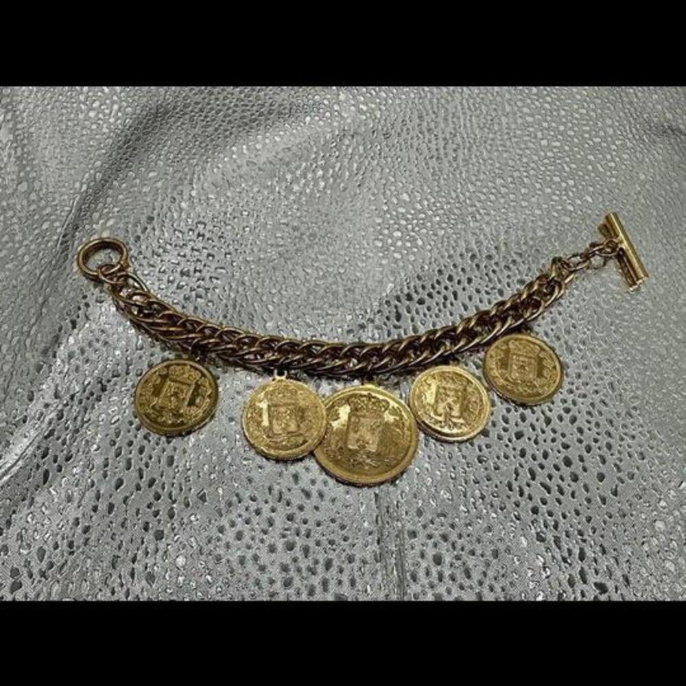 Gold-Tone Coin Charm Bracelet with Toggle Clasp - Picture 2 of 2